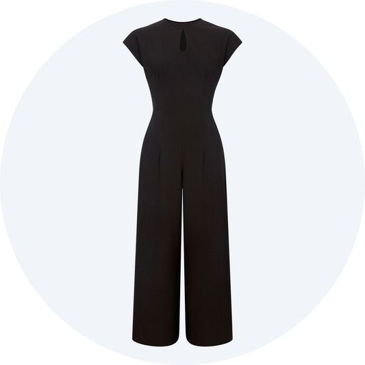 Retro Style Trouser Suit, Mayfair Jumpsuit in black ghost photography full length product picture