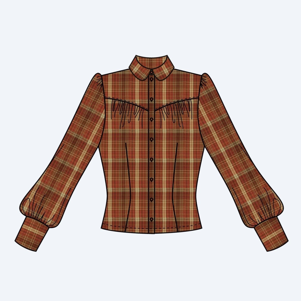 Coloured computer line drawing of a vintage inspired blouse with long sleeves and round collar- The Bishopess Blouse by Emmy Design Sweden in rust plaid