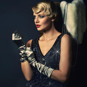 1920s long satin gloves as worn by blonde flapper girl in sparkling 1920s dress