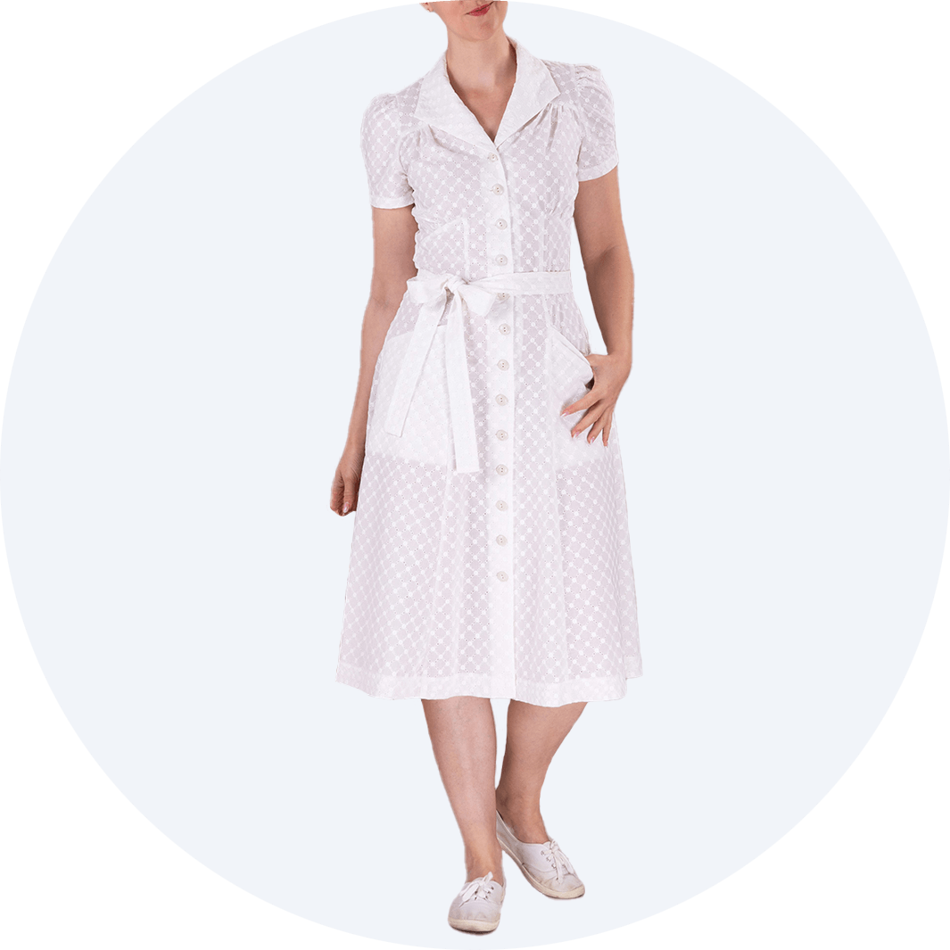 1940s shirt dress in white broderie anglaise by Emmy Design Sweden from Revival Retro