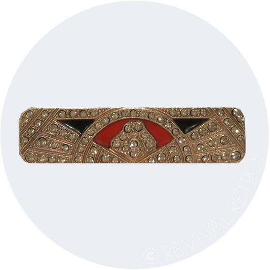Art Deco rectangular brooch with diamantes and red enamel detailing