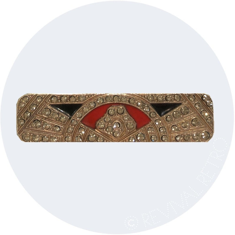 Art Deco rectangular brooch with diamantes and green enamel detailing
