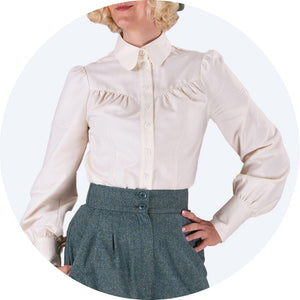 Vintage inspired blouse with long sleeves and round collar- The Bishopess Blouse by Emmy Design Sweden in antique white