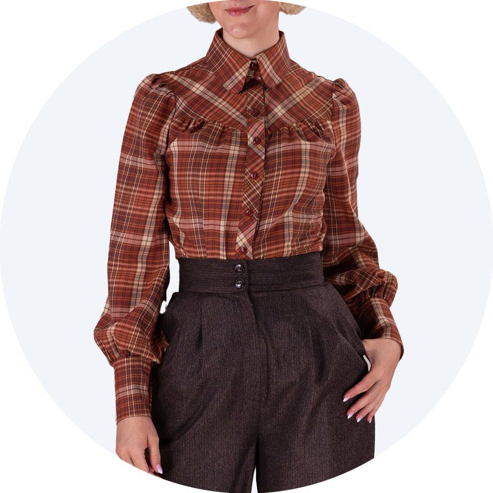 Vintage inspired blouse with long sleeves and round collar- The Bishopess Blouse by Emmy Design Sweden in rust plaid