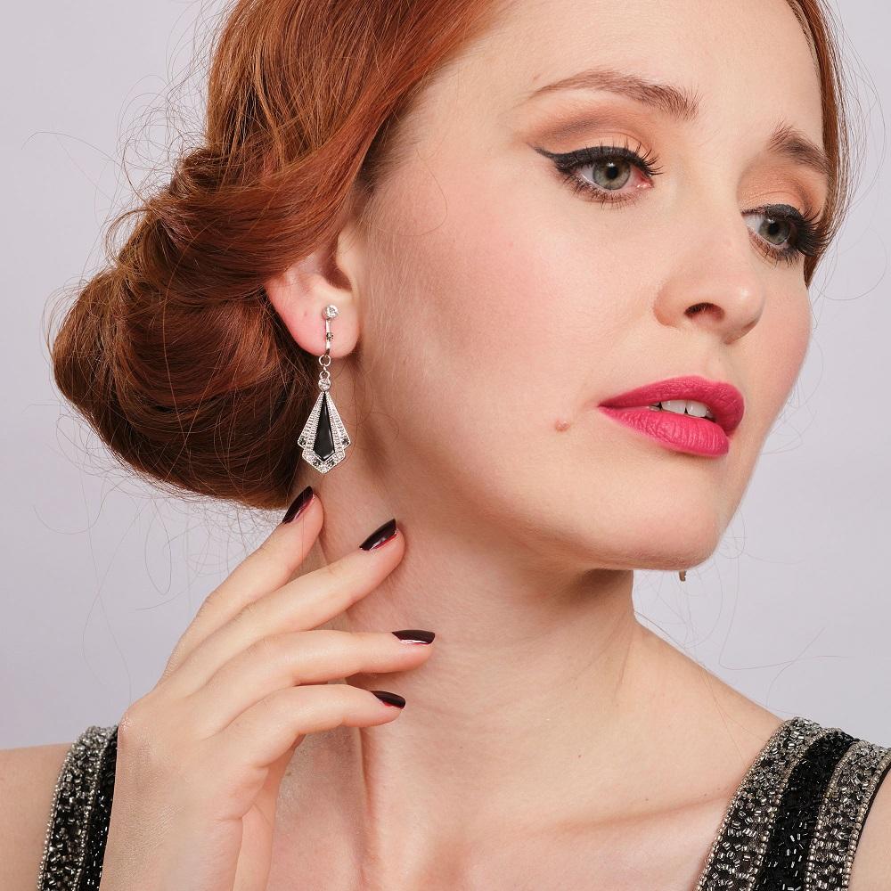 1920s monochrome art deco inspired earrings  as worn by red haired model
