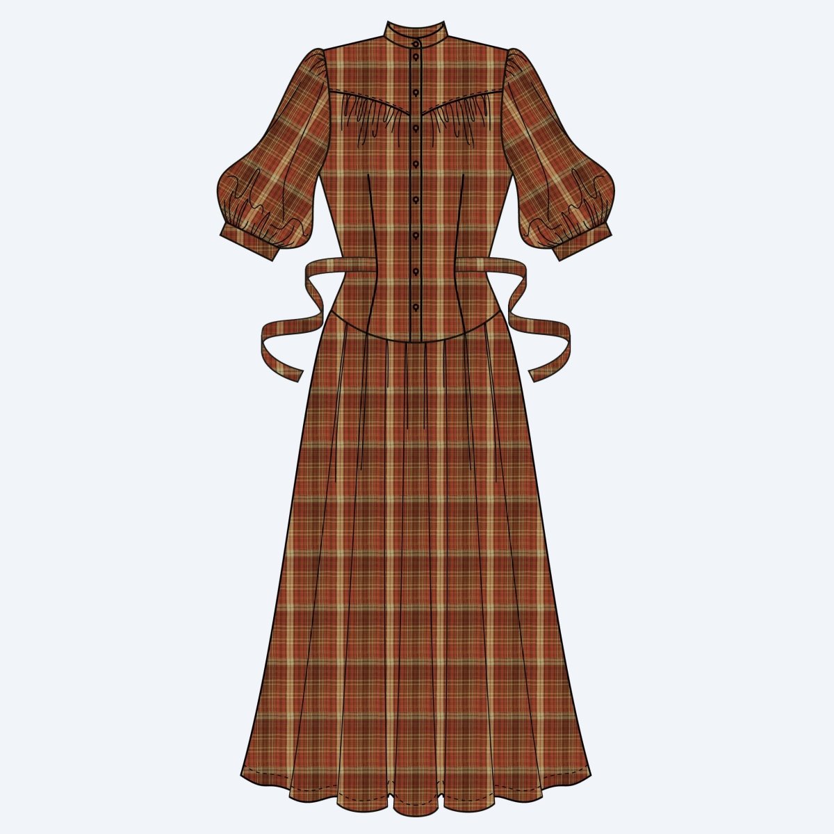 Coloured computer line drawing of a vintage style dress with three quarter length sleeves, yoke, button fastening, dropped waits, tie belt and Grandpa collar- The Green Gables dress by Emmy Design Sweden from Revival Retro London UK