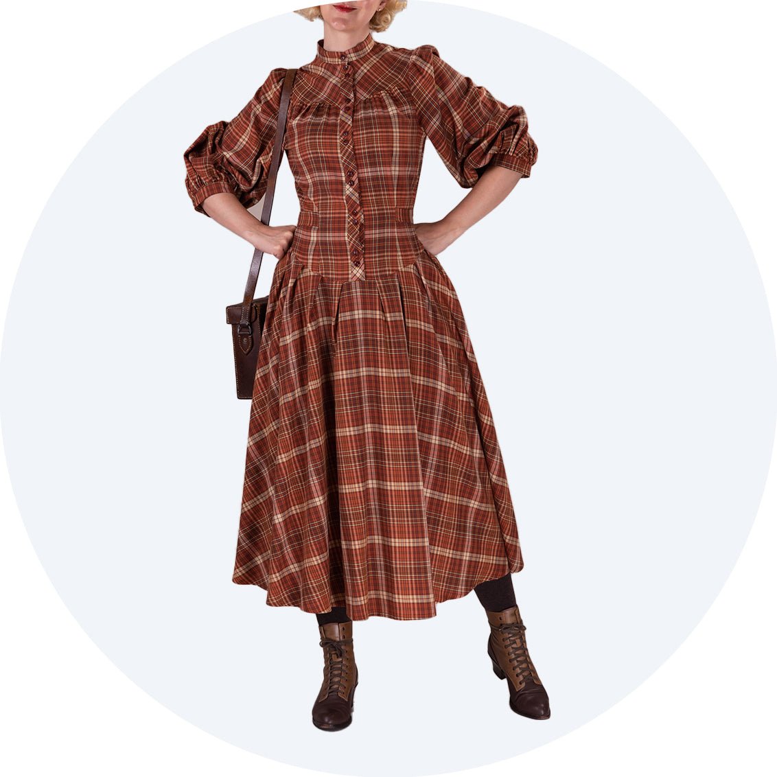 Vintage style dress with three quarter length sleeves, dropped waist and Grandpa collar in a rusty plaid- The Green Gables Dress by Emmy Design Sweden from Revival Retro London UK.