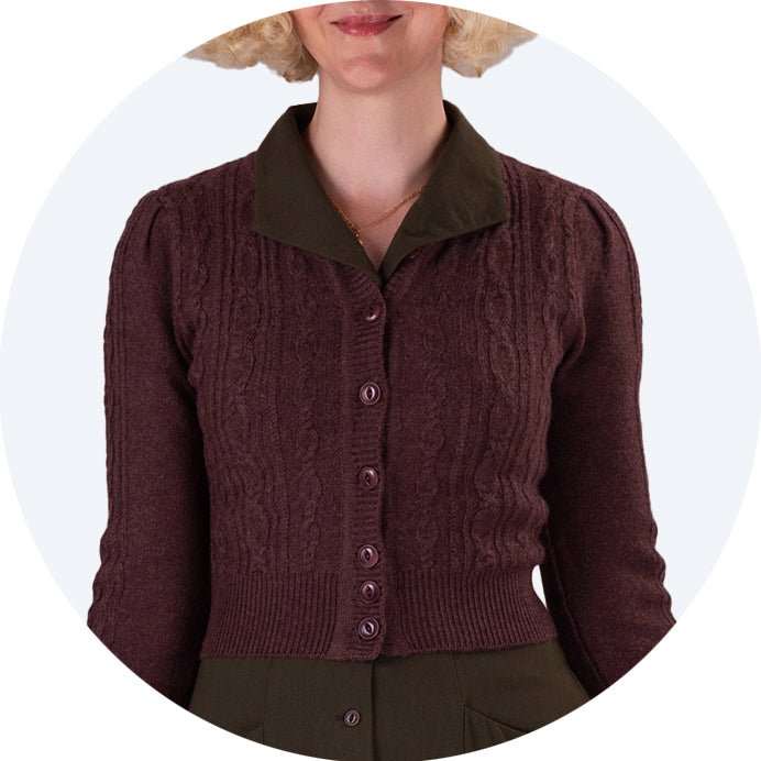 Vintage Style cropped cardigan with 1940s inspired cable knit- The Ice Skater Cardigan by Emmy Design Sweden in cocoa