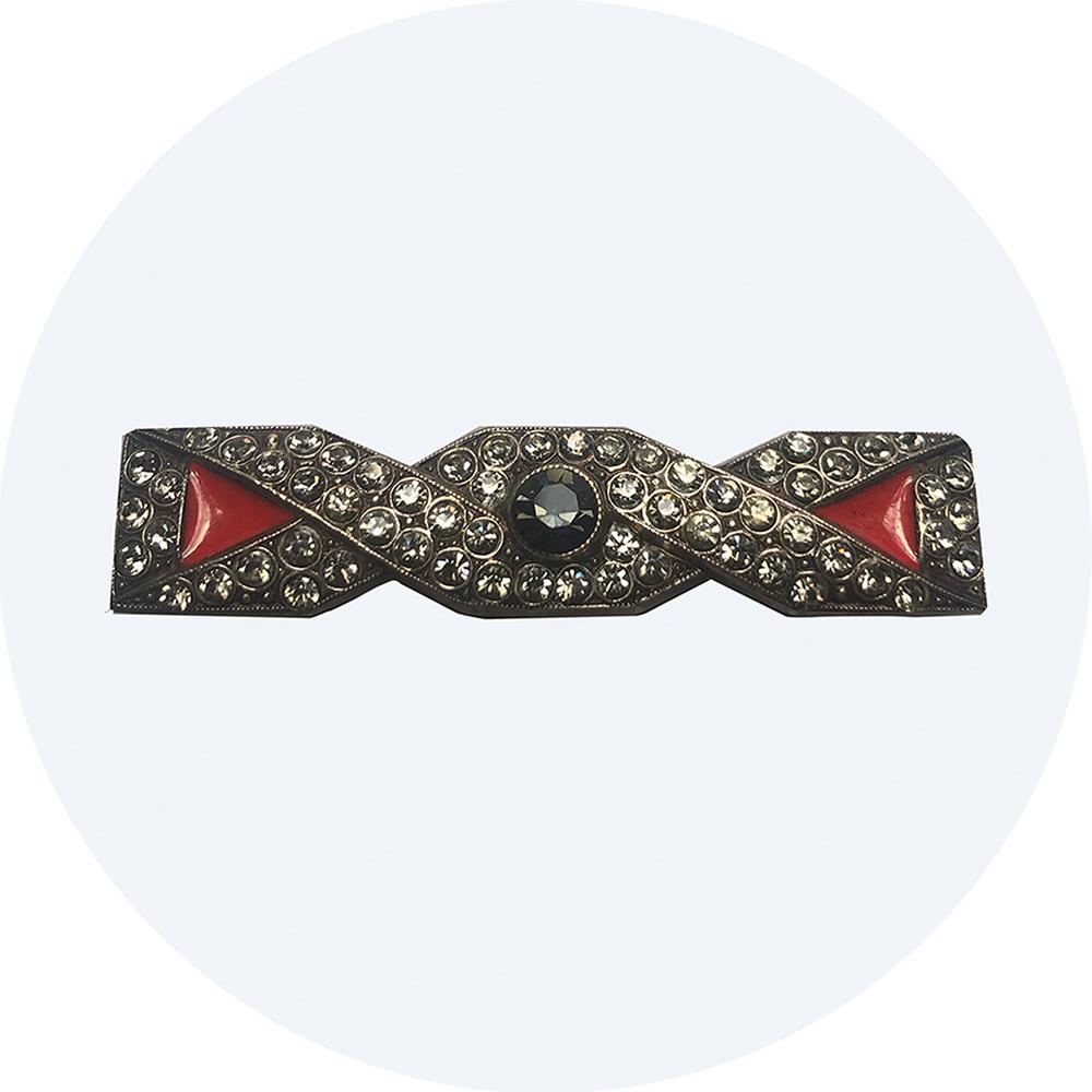 Art Deco rectangular brooch made from silver, red enamel, diamantes and black gem