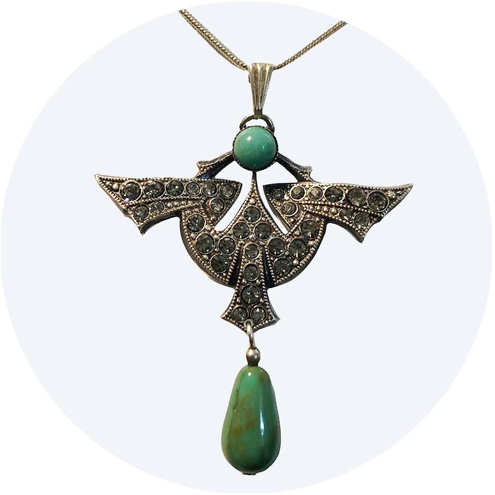 Art Deco necklace with diamante detailing and vintage green stones