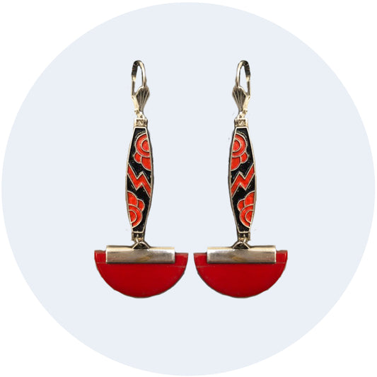 Art deco drop earrings featuring floral enamel detailing and a Bakelite style vintage finding.