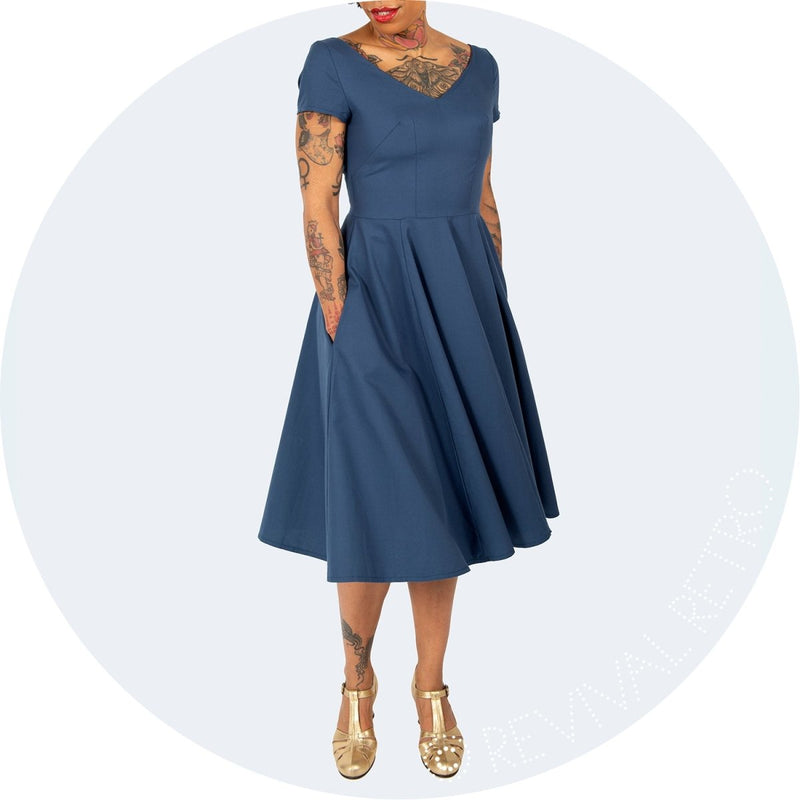 1950s Dress with pockets in blue GOTS organic cotton by Revival Retro