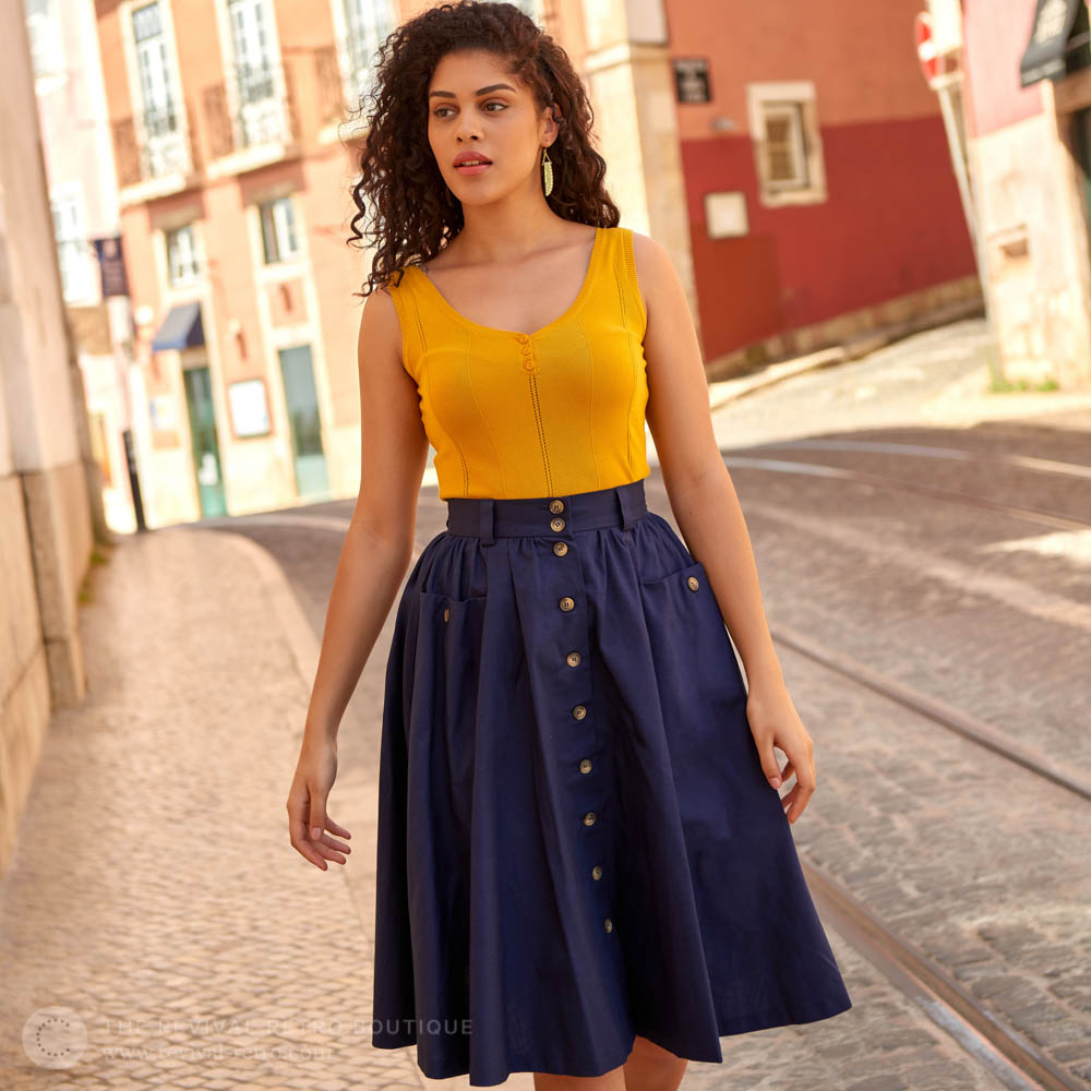 Navy Linen Button Skirt Emmy Design