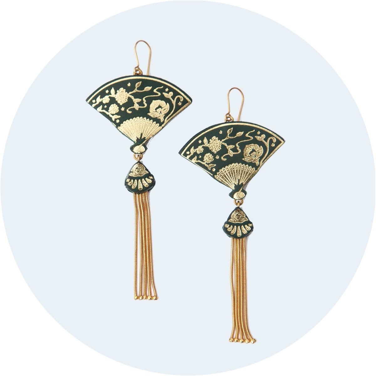 Fan shaped earrings made from embossed leather with metal tassels by Rosita Bonita