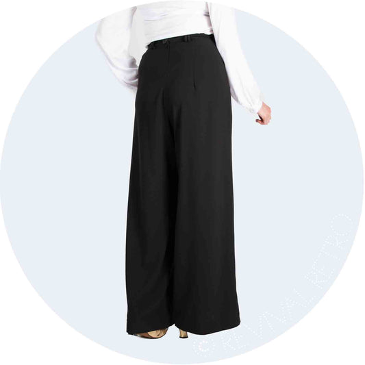 1940s high waist, wide leg trousers in black crepe