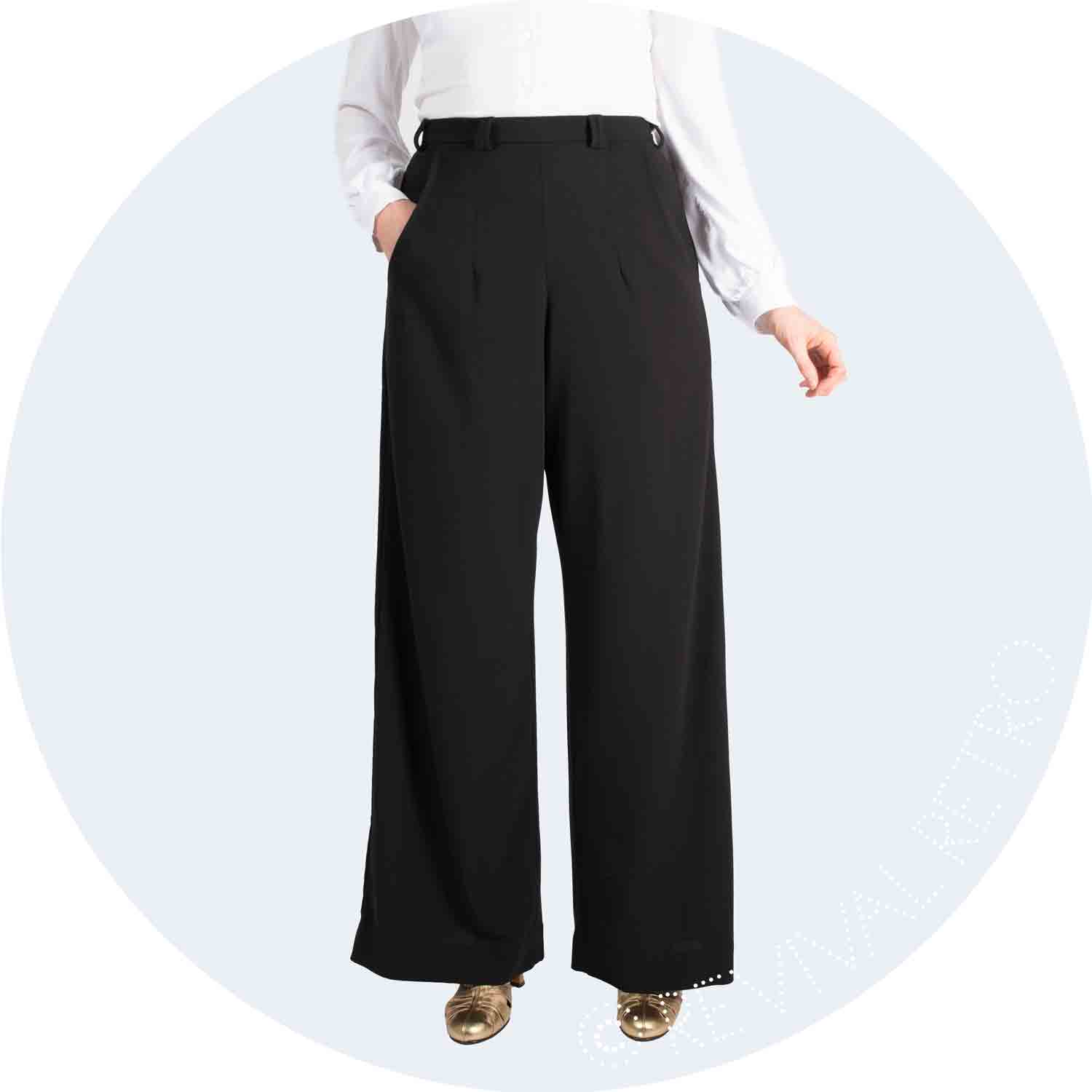 1940s high waist, wide leg trousers in black crepe
