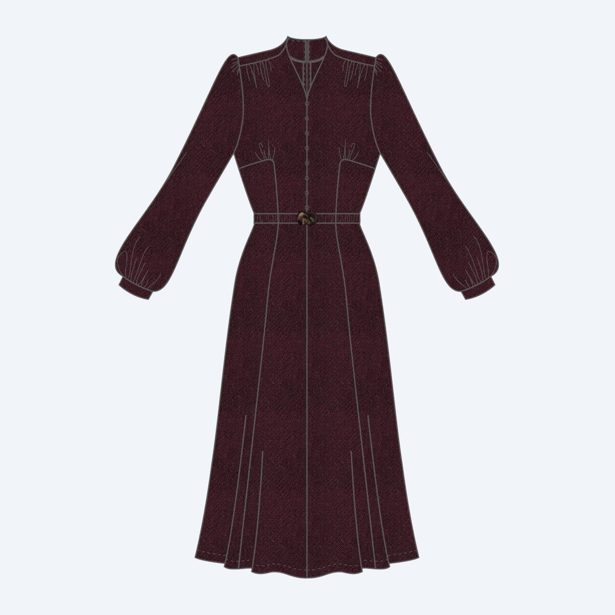 Long sleeved vintage inspired dress - Midwinter Midi Dress by Emmy Design Sweden in aubergine line drawing